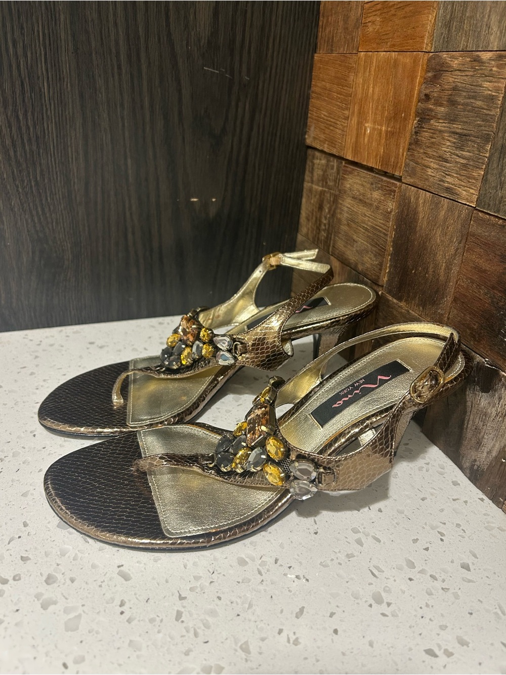 Nina Gold Jeweled T-Strap Heeled Slingback Sandals 8M